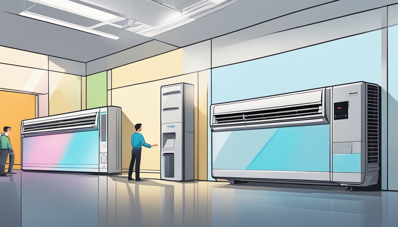 A person selects a Mitsubishi aircon from a row of units in a brightly lit showroom