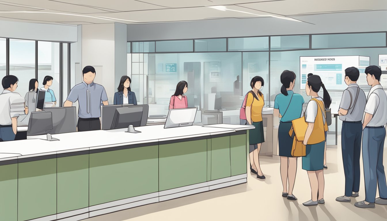 The scene shows a customer service desk with a sign that reads "Frequently Asked Questions Mitsubishi Aircon Singapore." A line of people wait to ask questions
