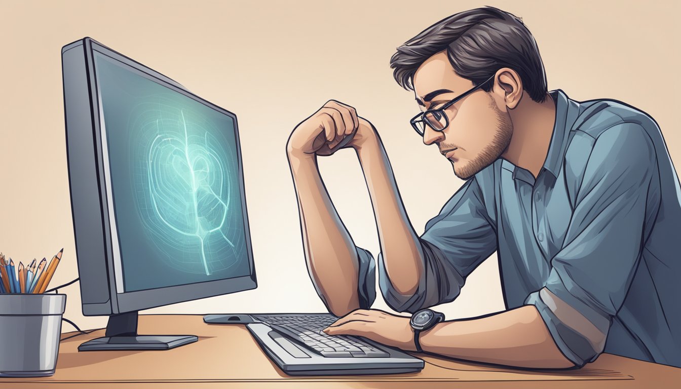 A person sitting at a computer, looking up "arm pain after heart cath" on a search engine, with a concerned expression on their face