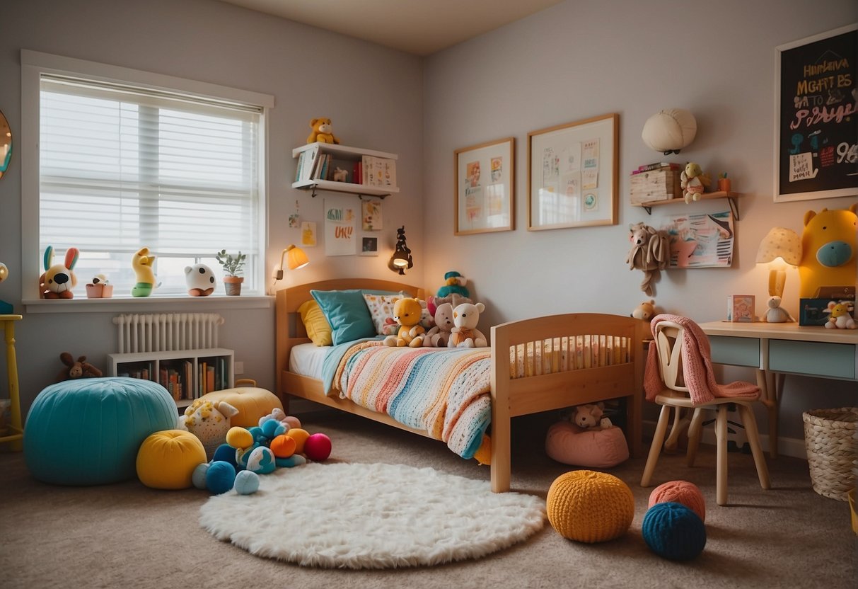 A young child's bedroom, filled with toys, books, and colorful decorations. A family photo on the nightstand and a small desk with art supplies