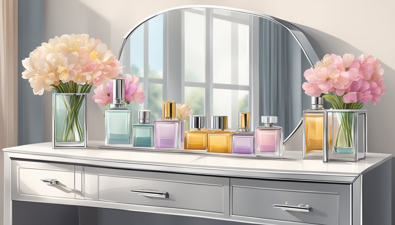 A sleek modern vanity table in a well-lit room with a large mirror, adorned with elegant perfume bottles, a jewelry box, and a vase of fresh flowers