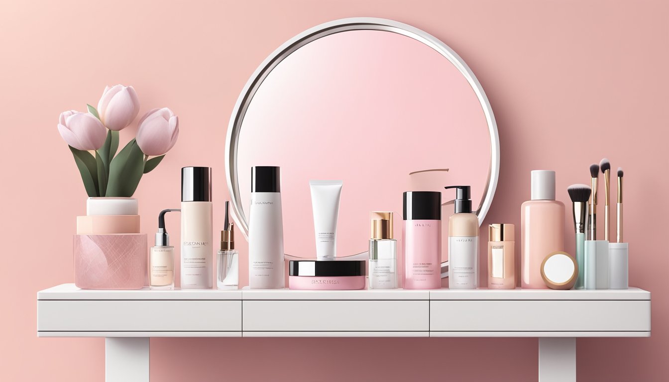 A sleek, white vanity table sits against a pastel pink wall, adorned with a large round mirror and a collection of elegant beauty products neatly arranged on its surface