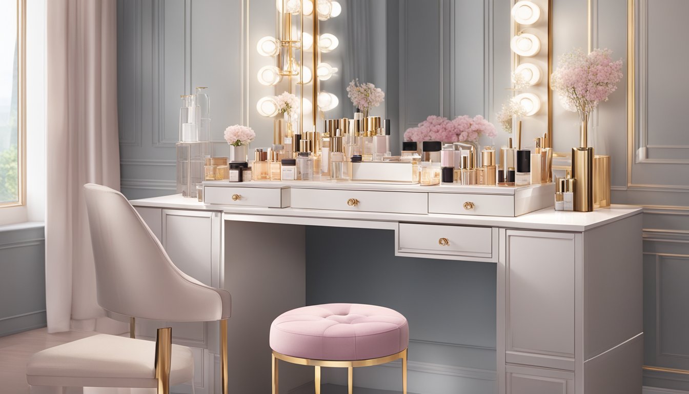 A sleek vanity table in Singapore, adorned with luxurious beauty products and soft lighting, creating a serene and indulgent beauty ritual setting