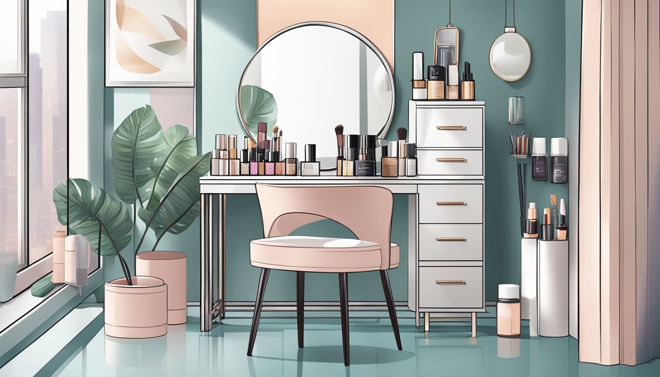 A sleek, modern vanity table in a well-lit room with a large mirror, organized makeup and skincare products, and a comfortable chair