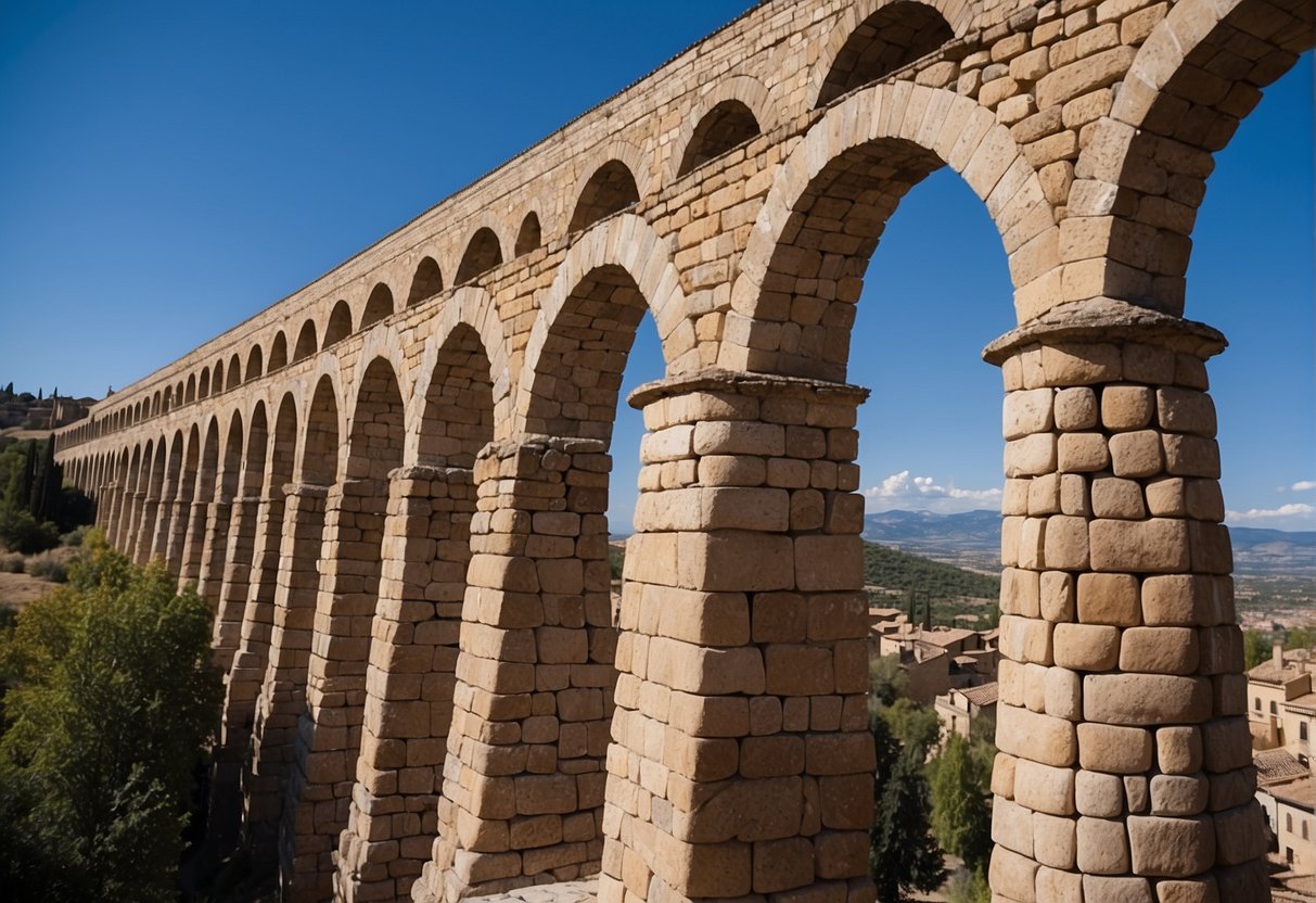 The ancient Aqueduct of Segovia stands tall against the blue sky, its arches stretching across the landscape, a testament to Roman engineering