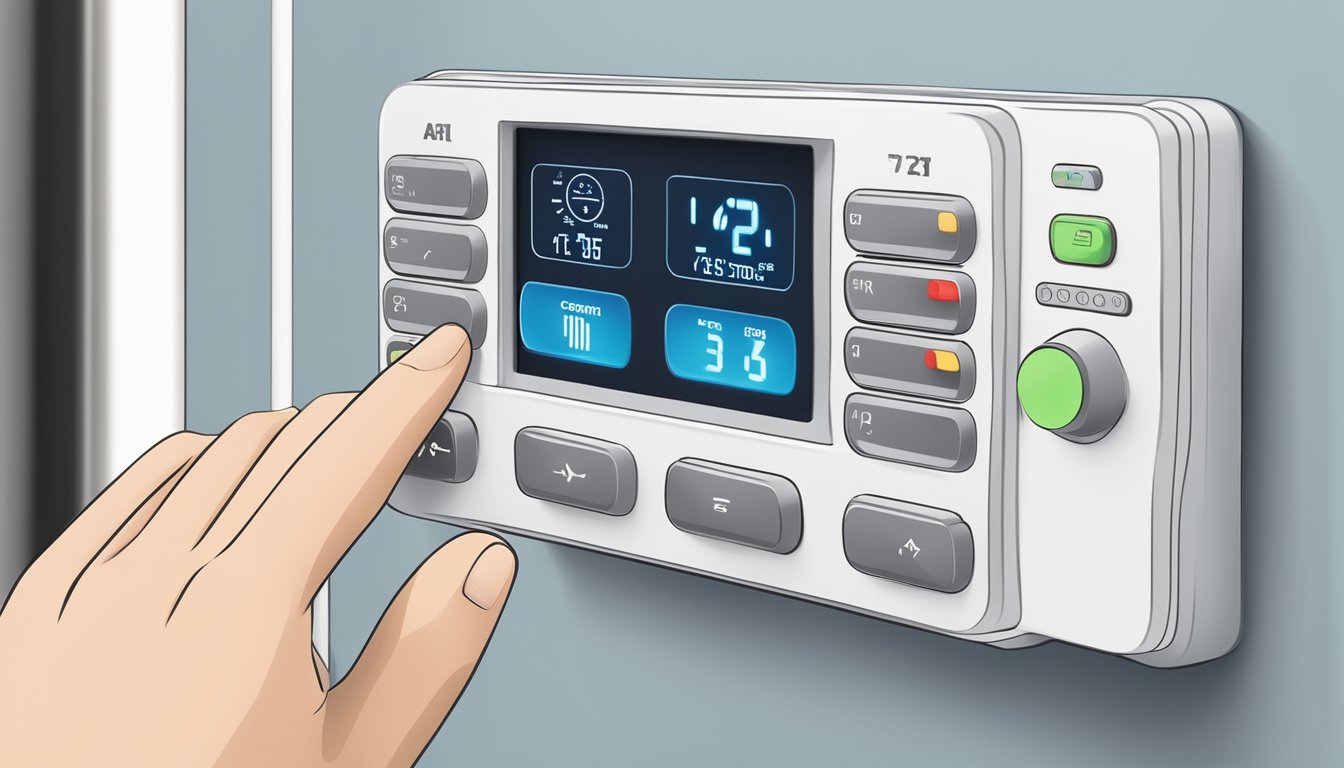 A hand adjusting Mitsubishi aircon modes on a remote control, with different symbols and temperatures displayed on the aircon unit