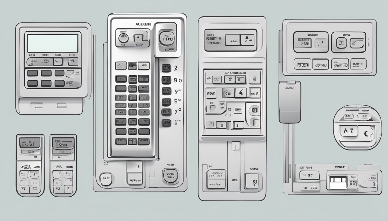 A Mitsubishi aircon remote control with various mode options displayed on the screen, surrounded by symbols and buttons