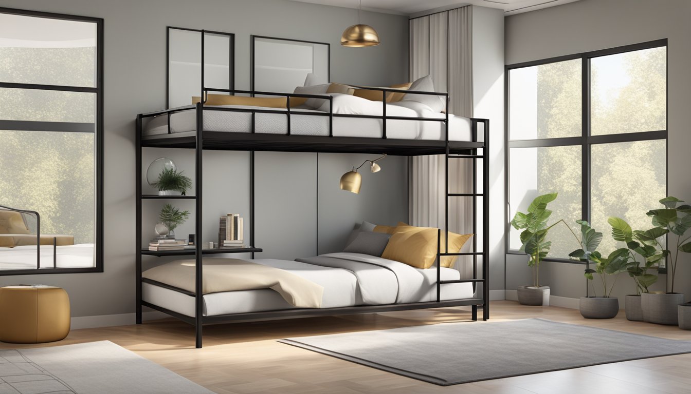 Two adult bunk beds in a modern, minimalist bedroom. Sturdy metal frame, sleek wooden ladder, and built-in storage compartments. Clean and functional design