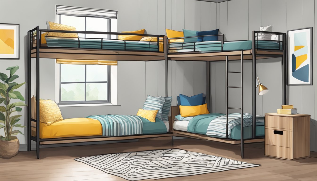 Two bunk beds with clean, modern design. Each bed has a ladder for access to the top bunk. The room is spacious with minimal decor