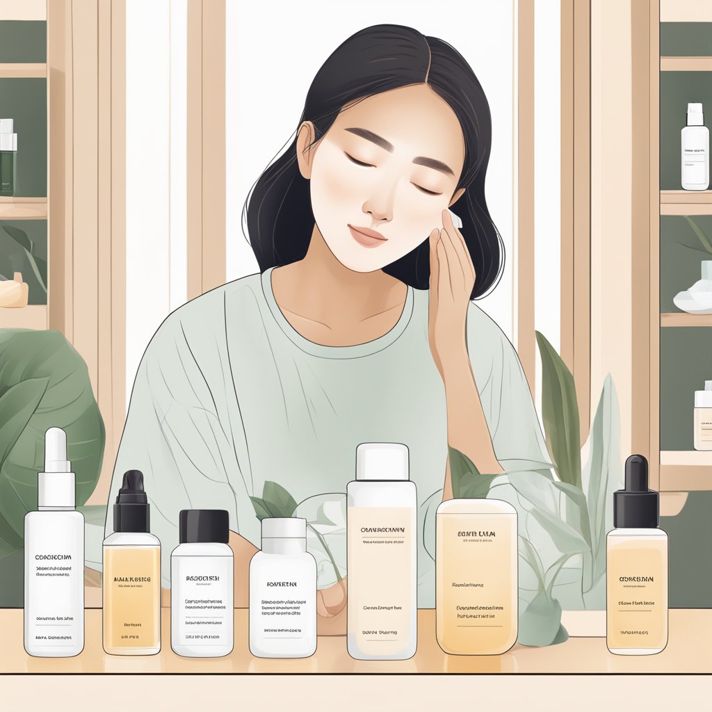 A serene Korean skincare routine, featuring gentle, non-Vitamin C or Niacinamide products, targeting hyperpigmentation