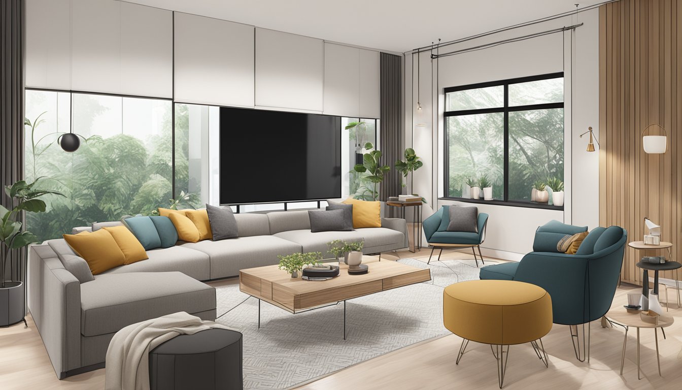 A cozy living room with modern, affordable furniture in Singapore. Clean lines, neutral colors, and functional pieces create a stylish yet budget-friendly space