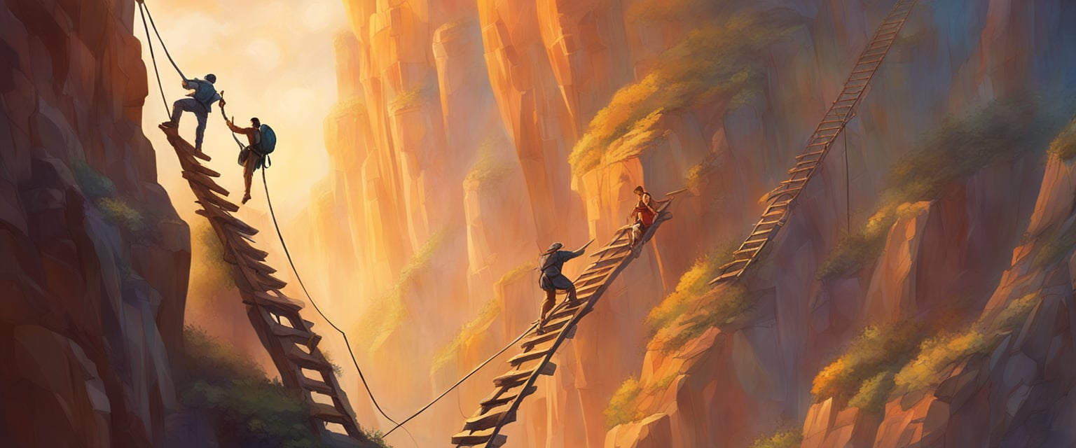 Individuals climbing over a large wall using ladders and teamwork. A person at the top reaches down to help others up