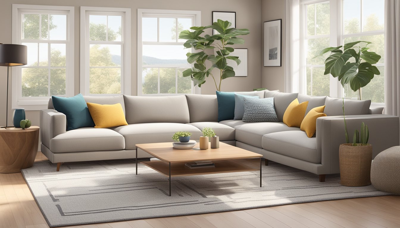 A cozy living room with modern, affordable furniture collections. Clean lines, neutral colors, and comfortable seating. Bright natural light fills the space