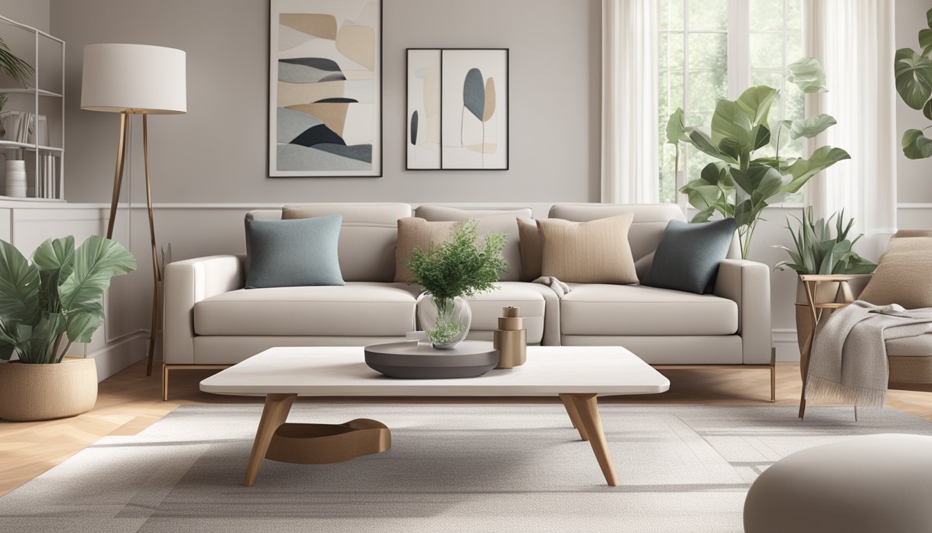 A cozy living room with sleek, modern furniture in a neutral color palette. A plush sofa and stylish coffee table create a welcoming atmosphere