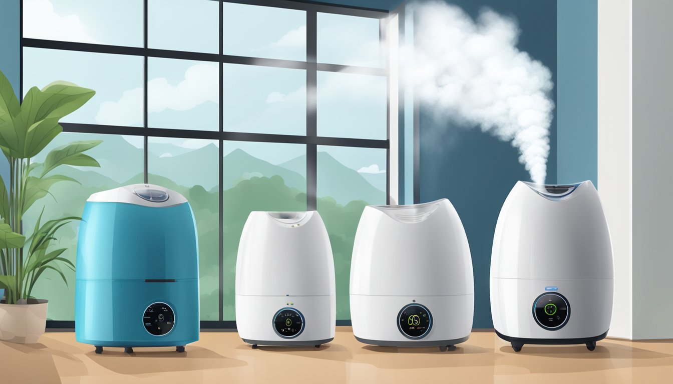 A humidifier releases moisture into the air, while a dehumidifier removes moisture. Both machines are placed in a room, with the humidifier emitting steam and the dehumidifier collecting water