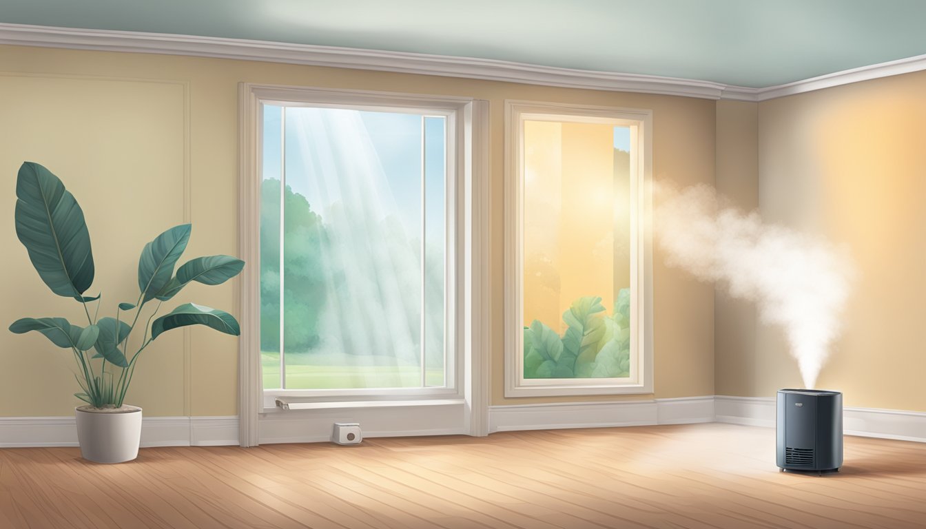 A room with a humidifier on one side and a dehumidifier on the other, with a subtle difference in the air between the two sides