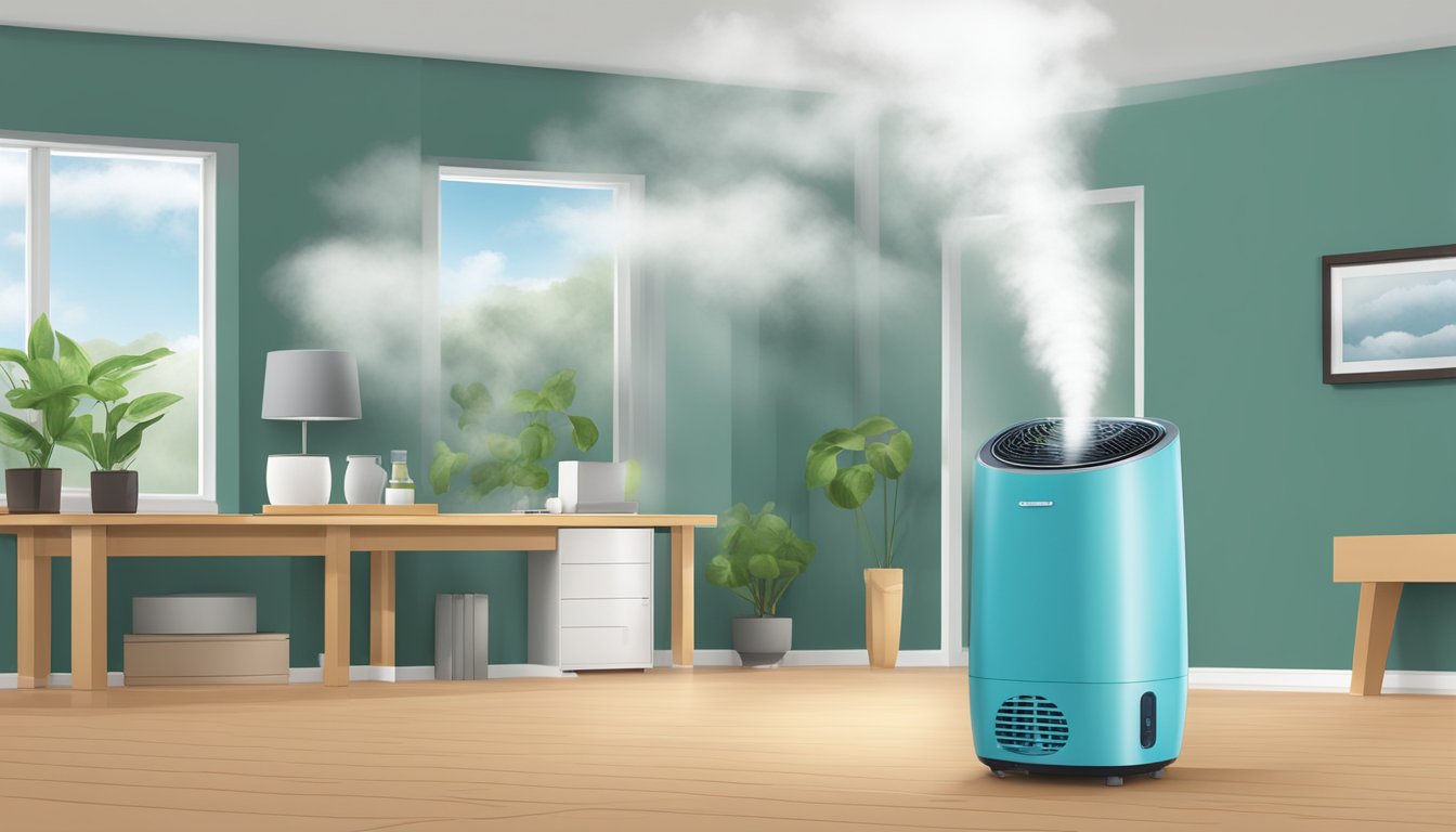 A humidifier and dehumidifier face off, emitting opposing clouds of moisture in a room