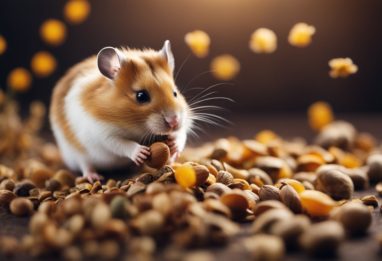A hamster sniffs a pile of fragrant seeds, drawn towards the sweet scent