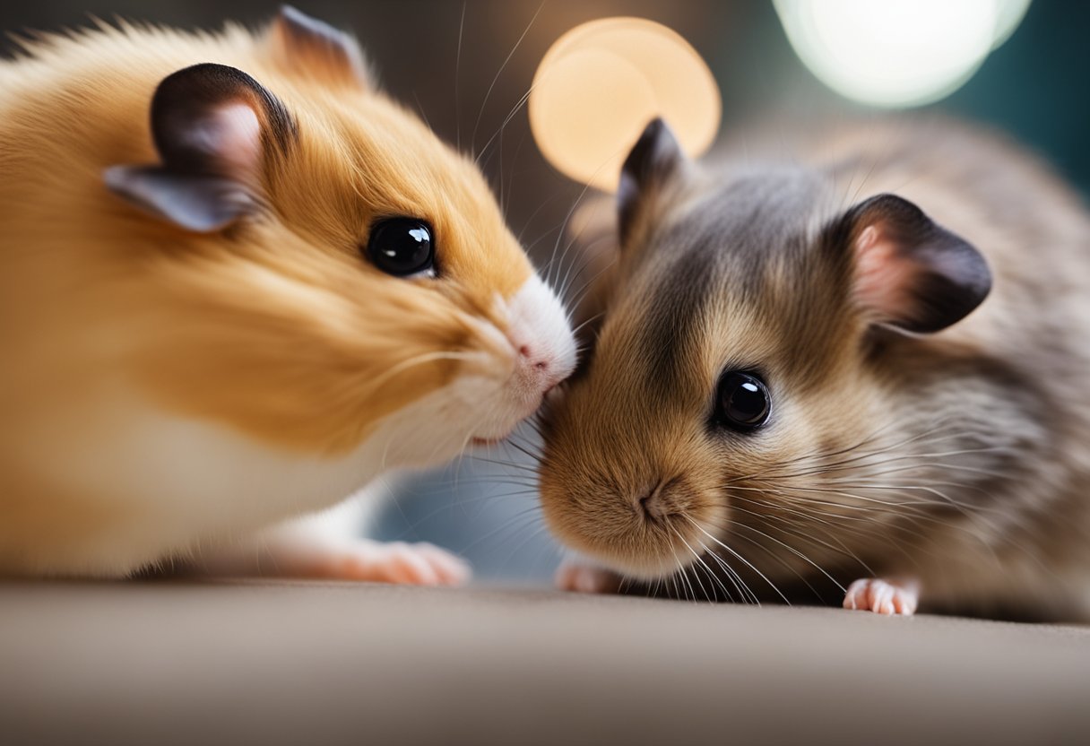 A hamster nuzzles against another, their noses touching, showing affection