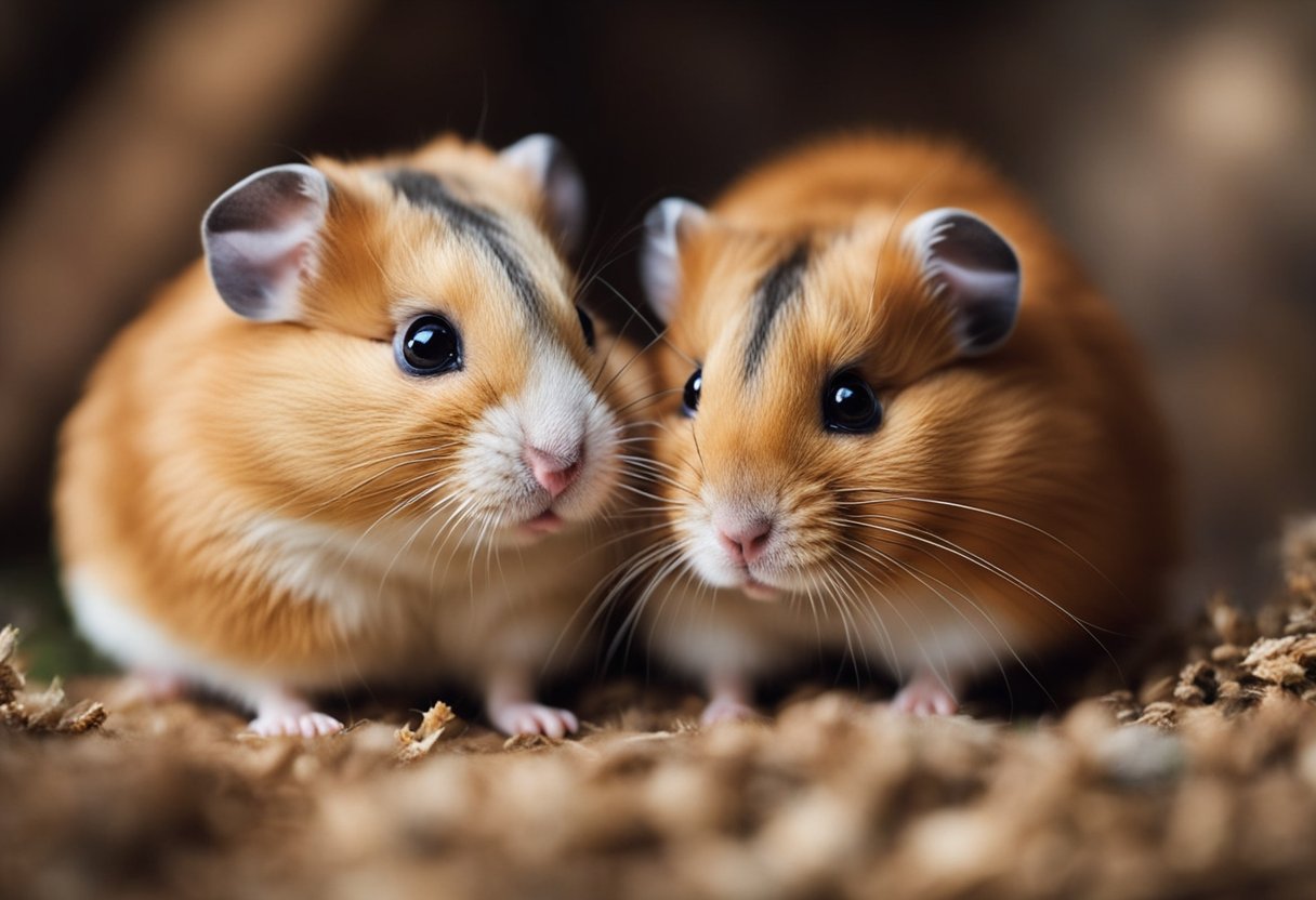 A hamster with bright, curious eyes snuggles close to another, nuzzling and grooming. Their bodies are relaxed and content, showing signs of affection and connection
