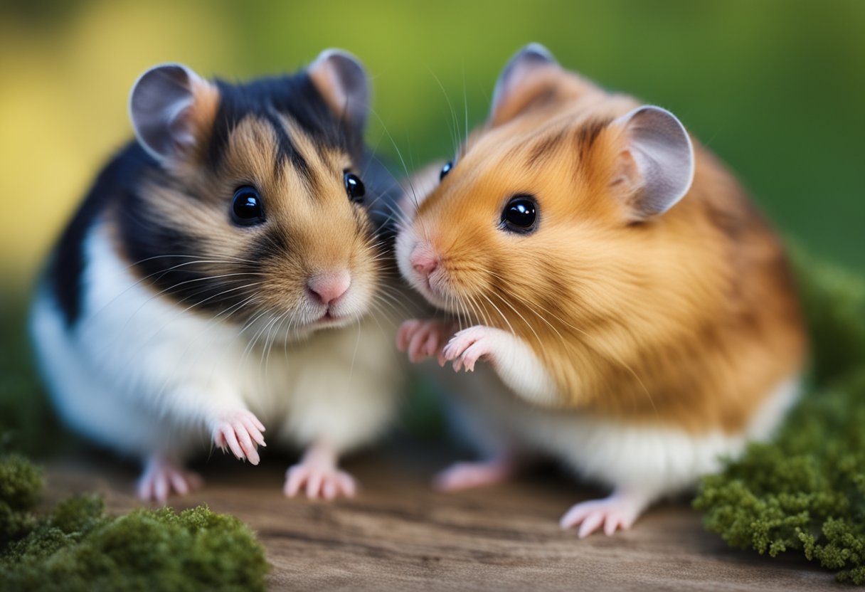 A hamster snuggles close to another, their noses touching, expressing affection and bonding