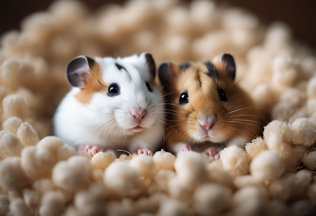 A hamster nuzzles its companion, eyes closed in contentment, as they share a cozy nest of soft bedding
