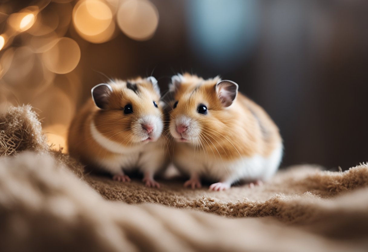 A hamster snuggles up to another, nuzzling and grooming