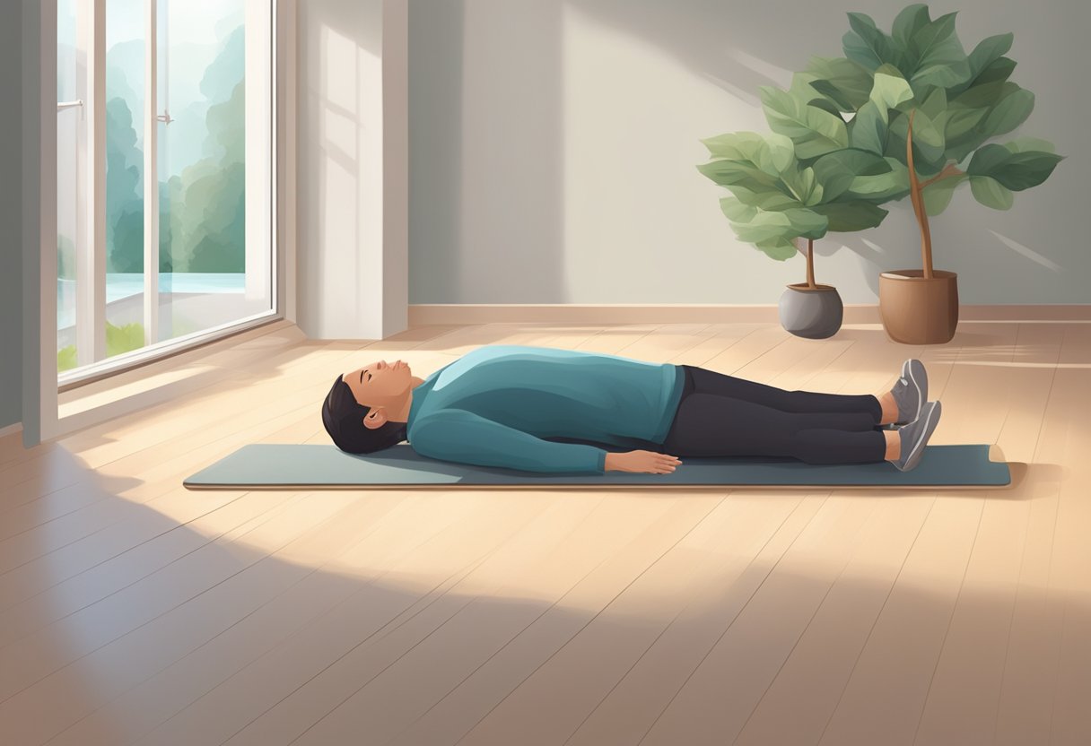 A person using a back stretcher on the floor, with a serene expression, surrounded by a peaceful and calming environment