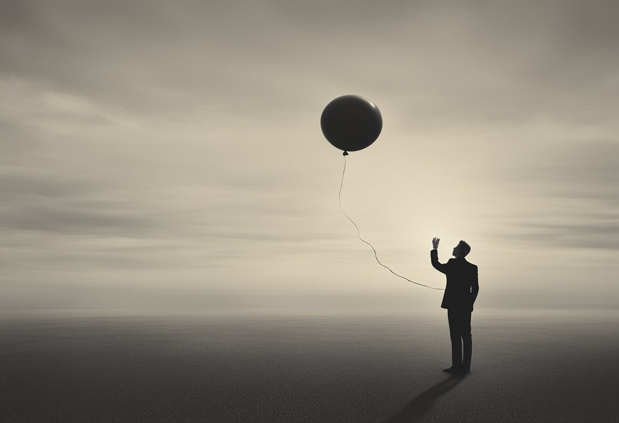 A figure releasing a balloon into the sky