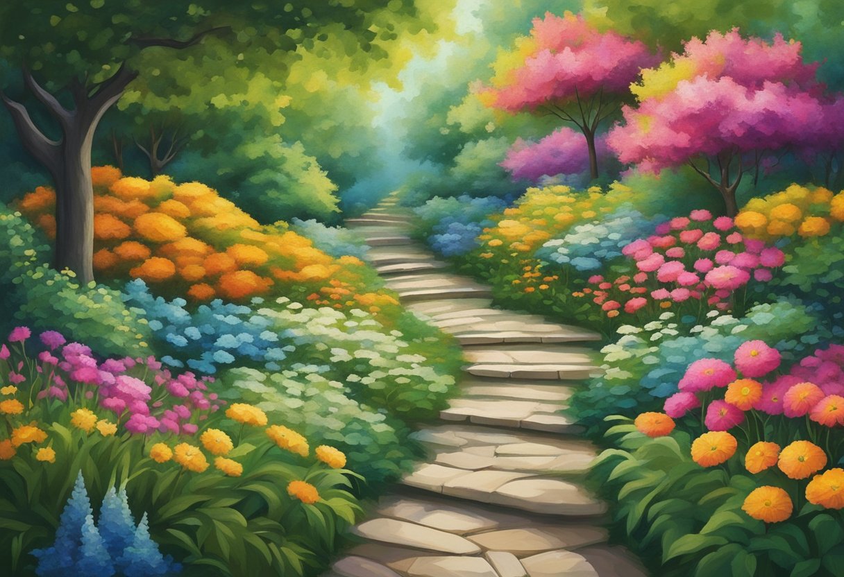 A winding path through a peaceful garden, with colorful flowers and vibrant greenery. A sense of serenity and hope fills the air