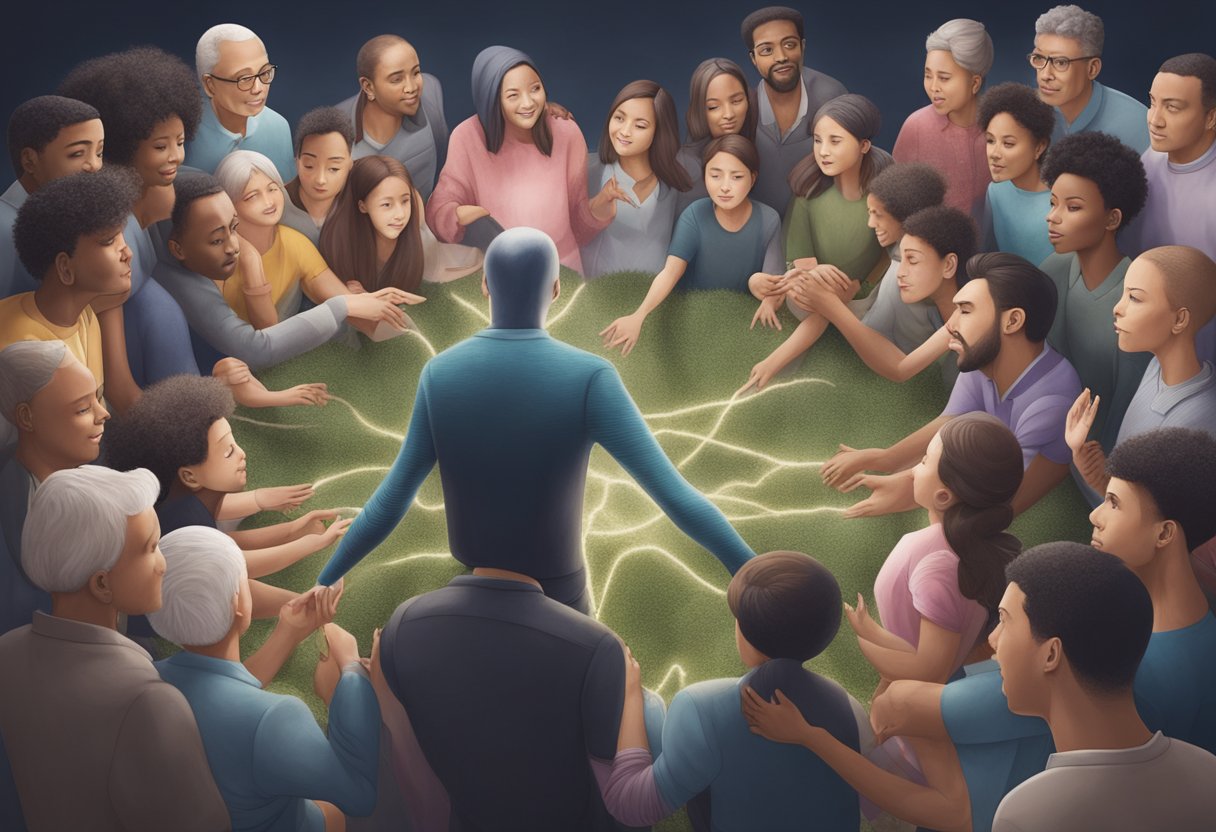 A group of supportive family and friends surround a cancer survivor, offering love and encouragement as they let go of their past struggles