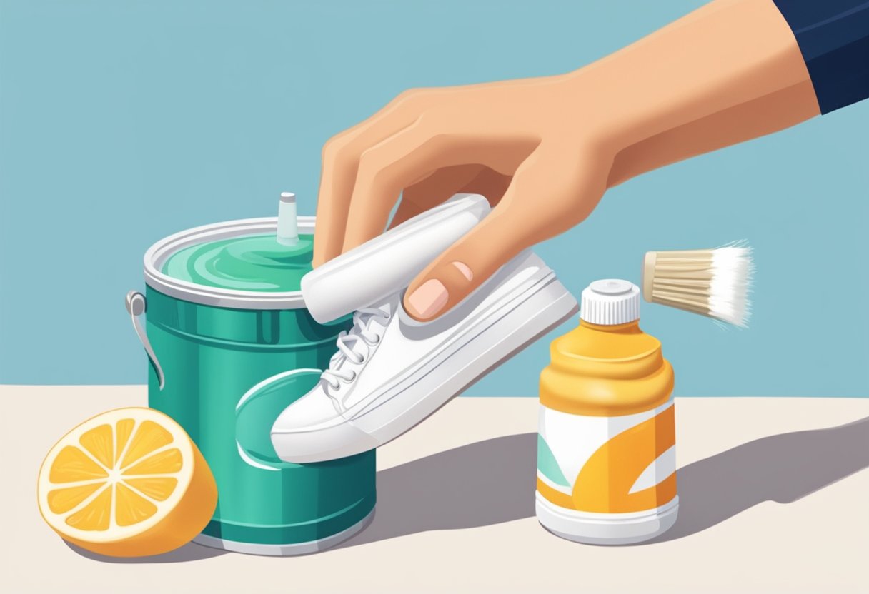 A hand reaches for a bottle of mild detergent and a soft-bristled brush next to a pair of canvas shoes on a clean, well-lit surface