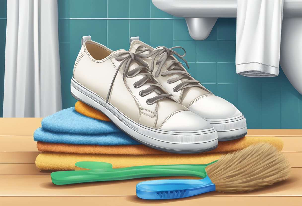 A brush and mild detergent scrub canvas shoes, while a towel dries them. Vinegar removes odors