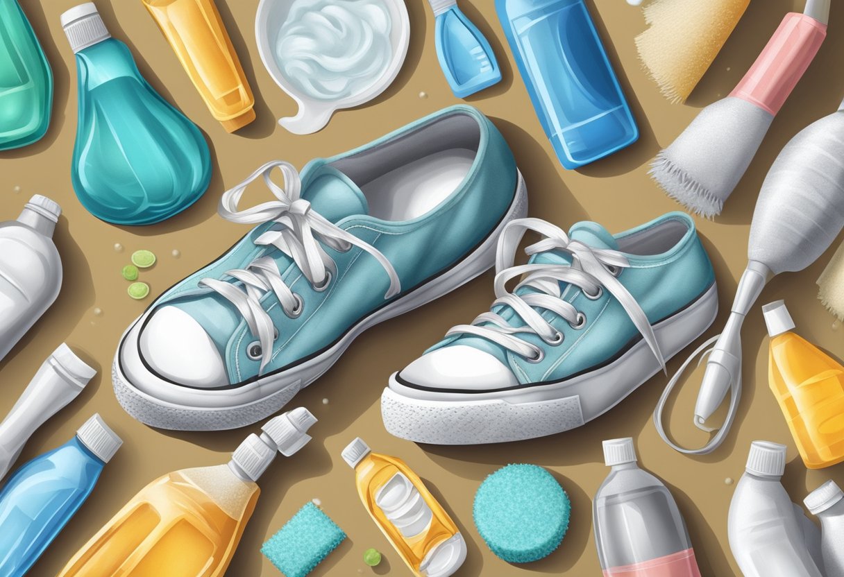 A pair of canvas shoes surrounded by common household cleaning agents such as vinegar, baking soda, and dish soap on a clean surface