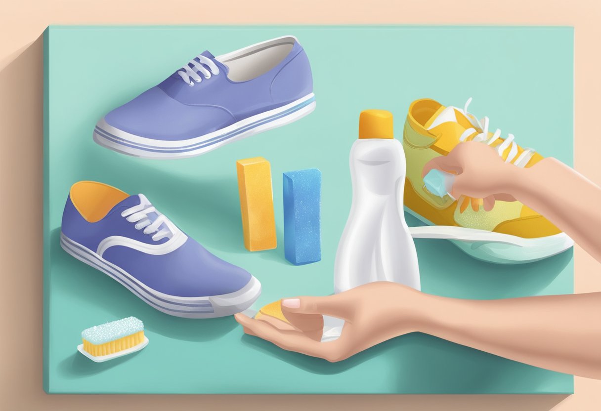 A hand holding a toothbrush and a bottle of mild soap, next to a pair of canvas shoes on a clean surface