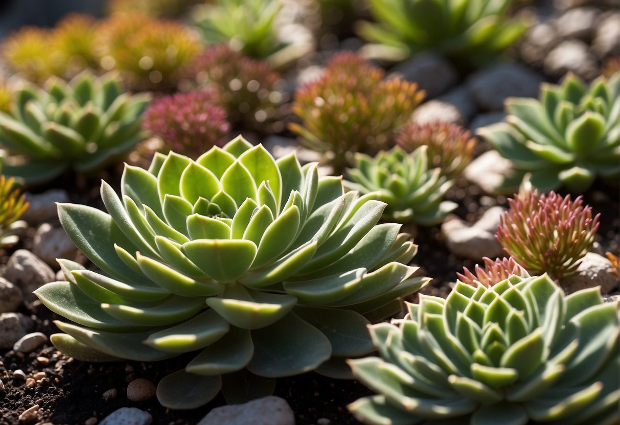 Various sedum succulents in a rocky garden bed, including jelly bean, burro's tail, and dragon's blood varieties. Sunlight casts shadows on the textured leaves, Types of Sedum Succulents