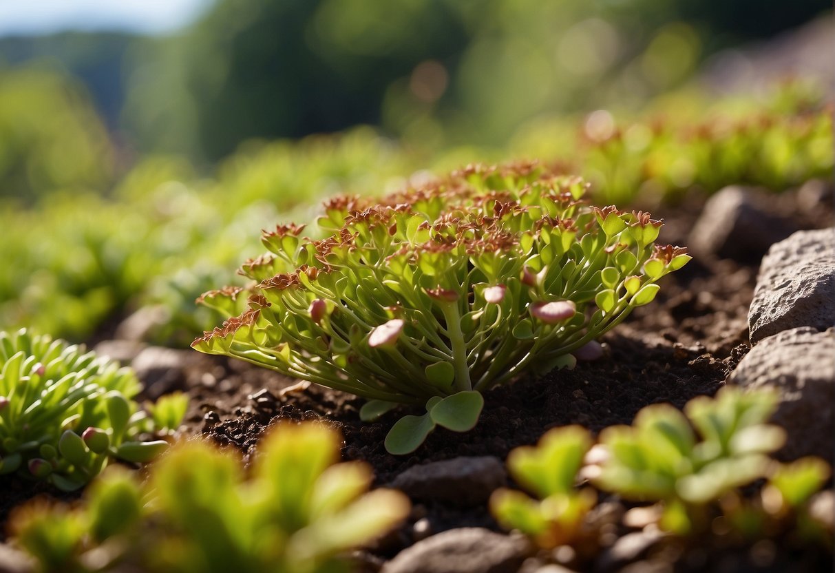 Various sedums with fleshy, water-storing leaves, in shades of green, red, and purple, growing in rocky, well-draining soil, under the bright sun