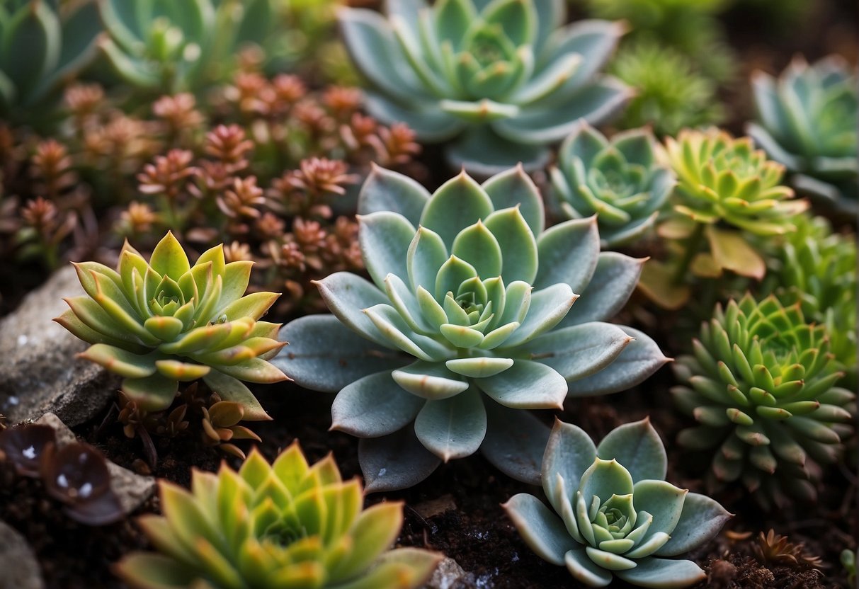 Sedum succulents in various colors and sizes, thriving in different light conditions, surrounded by seasonal elements like fallen leaves or snow