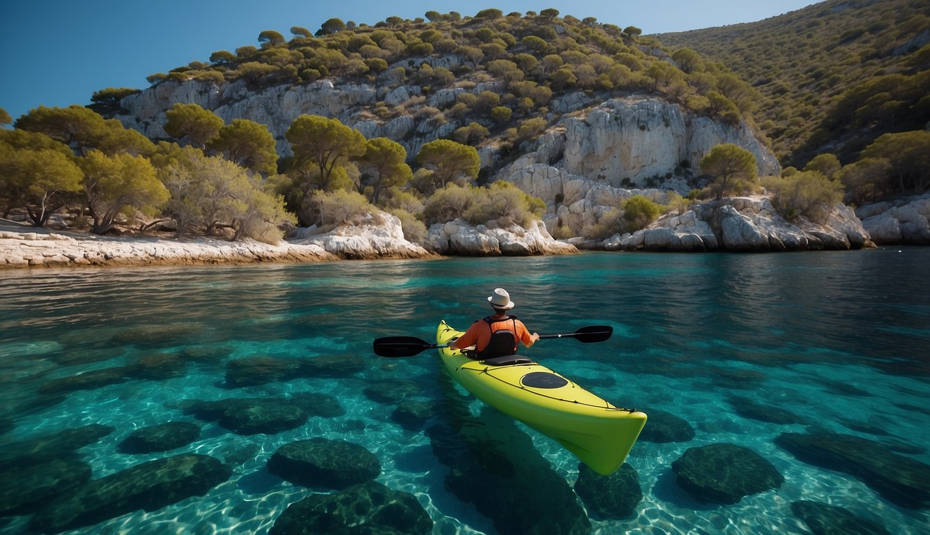 A kayak glides through crystal-clear waters near the picturesque island of Hvar, with rugged cliffs and lush greenery in the background