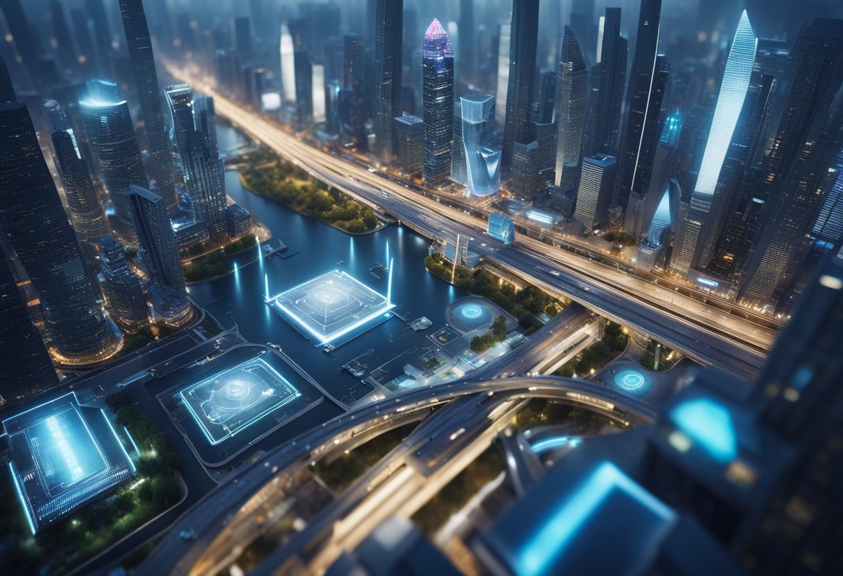 A futuristic cityscape with holographic displays showcasing AI and ML advancements. Robotic drones and self-driving vehicles navigate the bustling streets, while smart buildings and infrastructure demonstrate the integration of these technologies