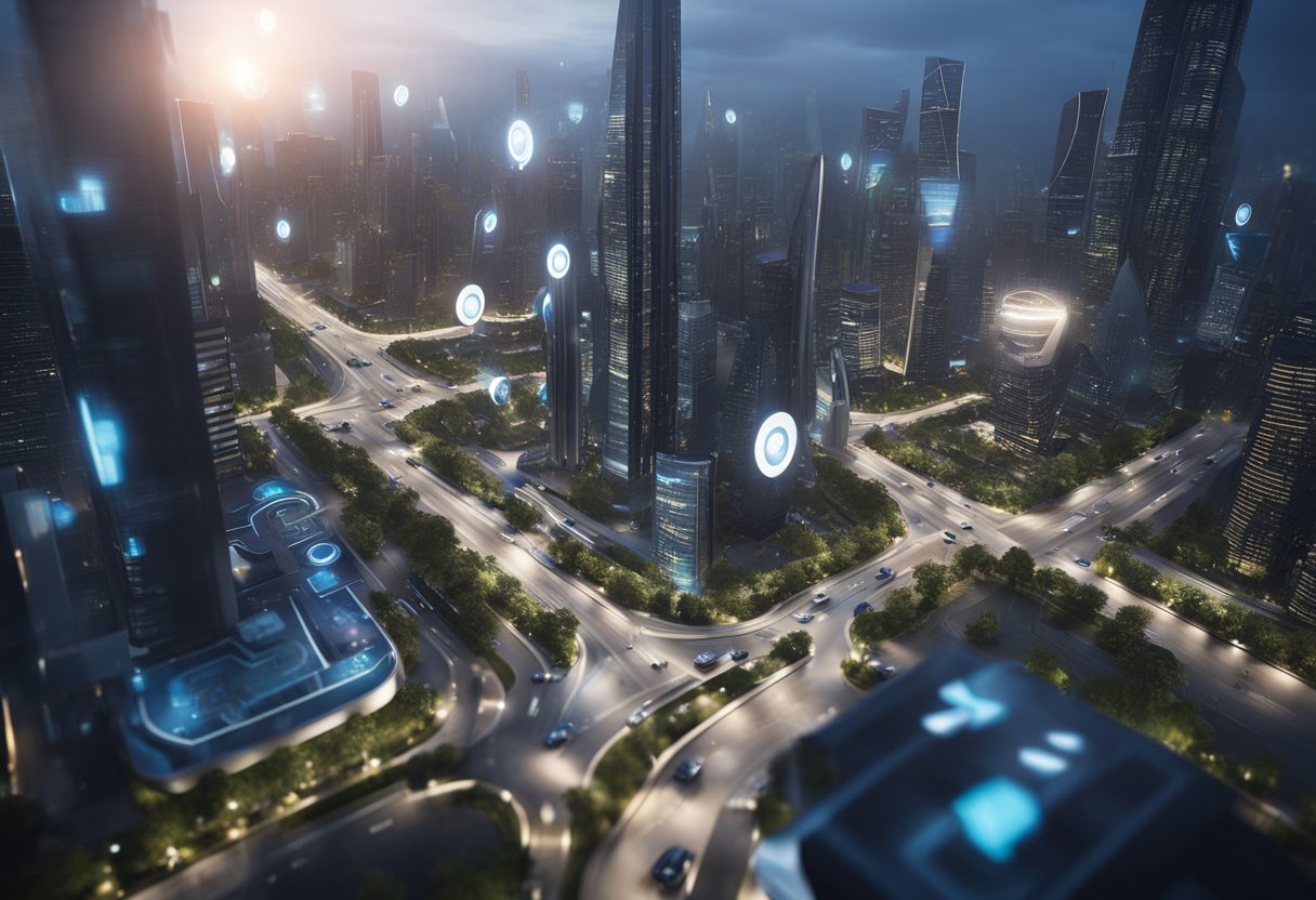 Smart devices connect in a futuristic city. Drones fly overhead, while self-driving cars navigate the streets. Buildings are equipped with sensors and smart technology