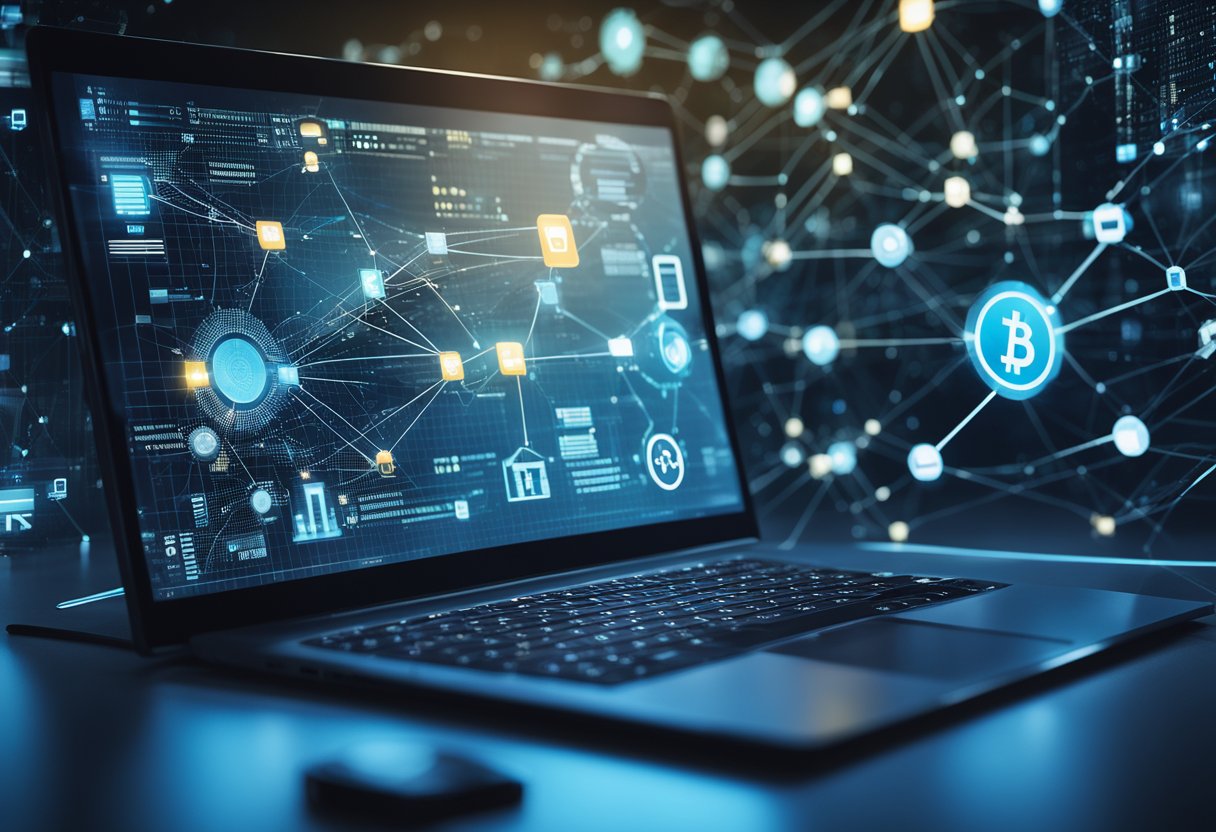 A computer screen displaying a blockchain network with interconnected blocks and data flowing between them. Surrounding the screen are various technological devices and symbols representing different top 10 technologies of 2024