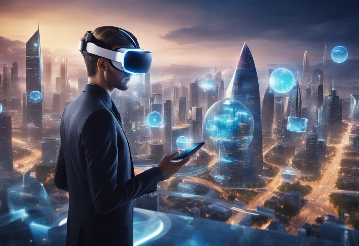 A futuristic cityscape with holographic displays and virtual reality headsets being used by people. A mix of digital and physical elements blending seamlessly