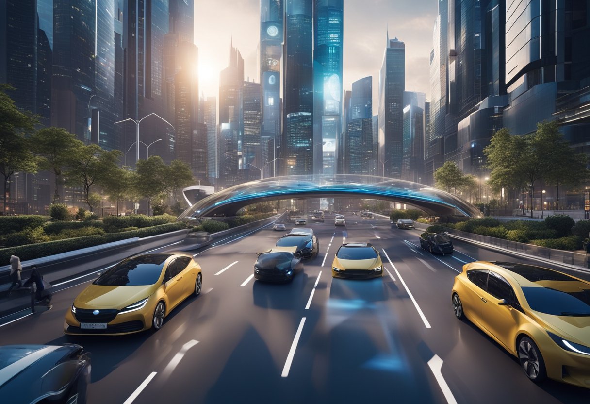 A futuristic cityscape with 5G towers and advanced technology integrated into everyday life. Smart vehicles, augmented reality displays, and high-speed connectivity