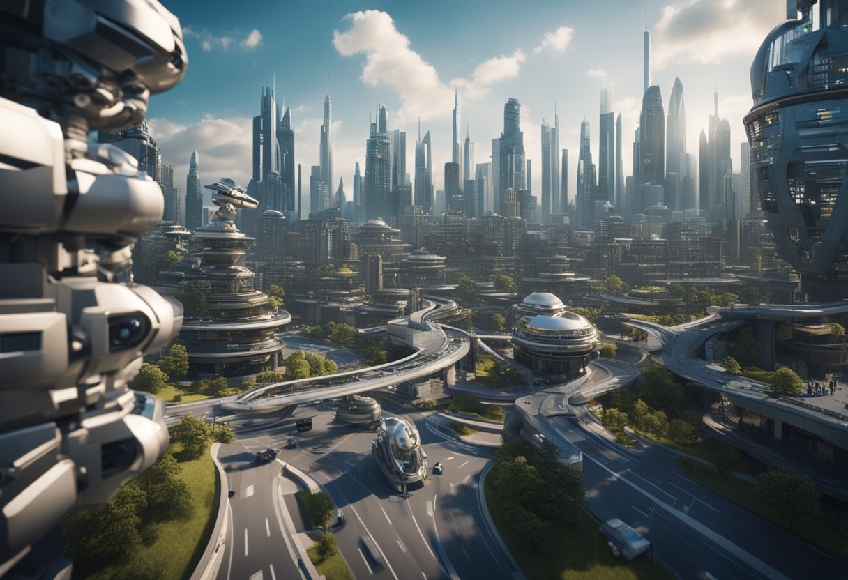 A futuristic cityscape with advanced robotic arms and machines working seamlessly in various industries, showcasing the integration of RPA technologies in 2024