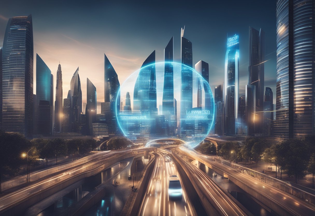 A futuristic city skyline with holographic displays showcasing the "Top 10 Technologies to Learn in 2024". Advanced transportation and communication devices are visible