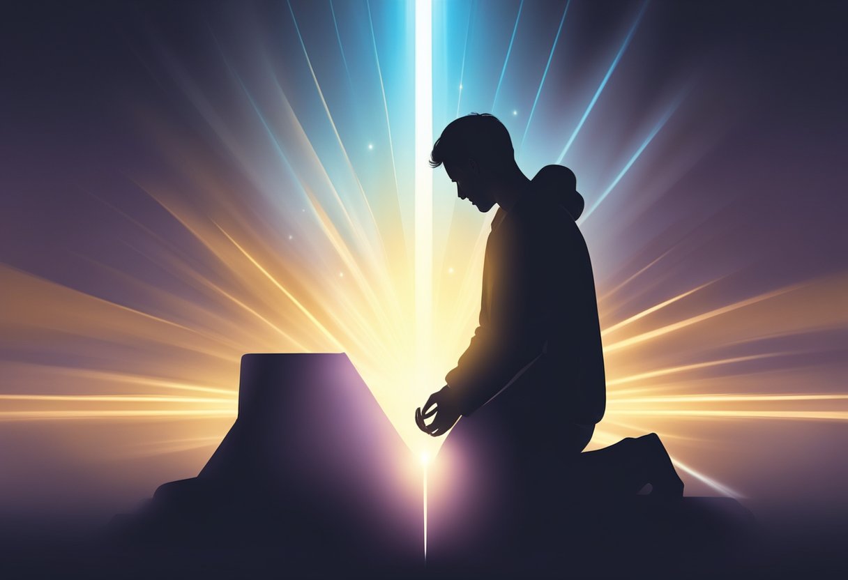 A man's silhouette kneels in prayer, surrounded by a glowing aura of spiritual power, as beams of light break through the darkness