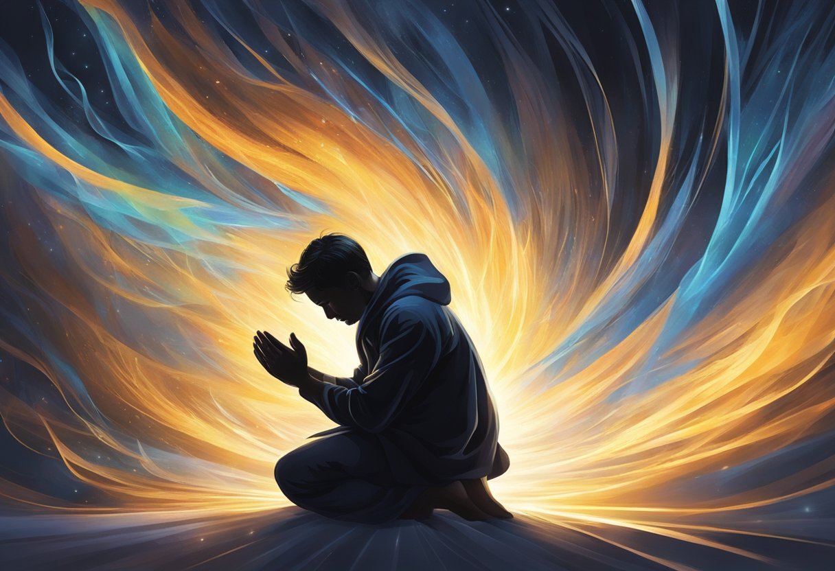 A man's silhouette kneels in prayer, surrounded by swirling energy and light, as dark forces are pushed back by a powerful, radiant presence