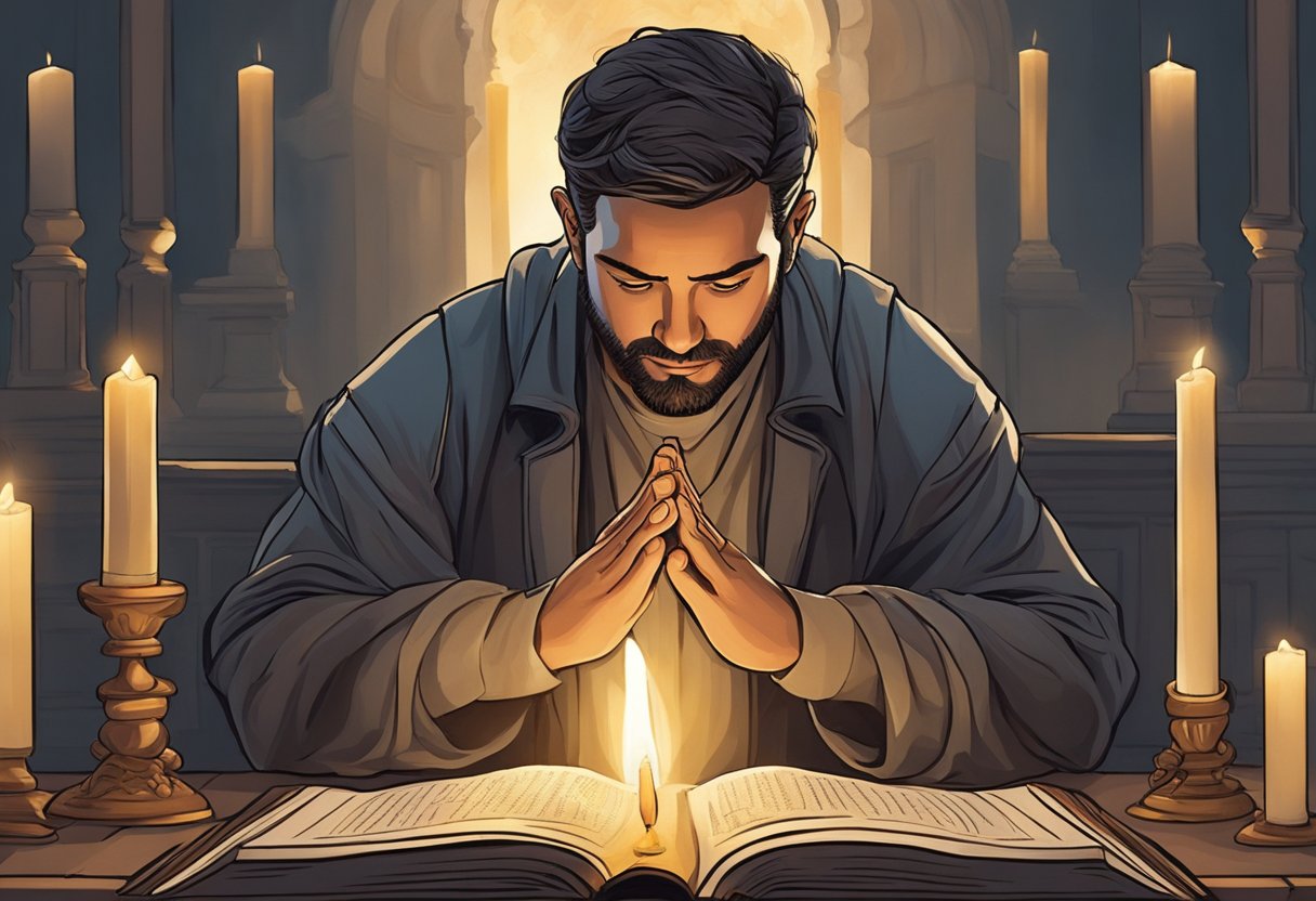 A man kneels in prayer, surrounded by candles and an open Bible. A sense of urgency and determination is evident in his posture as he prepares for a radical deliverance prayer for his husband