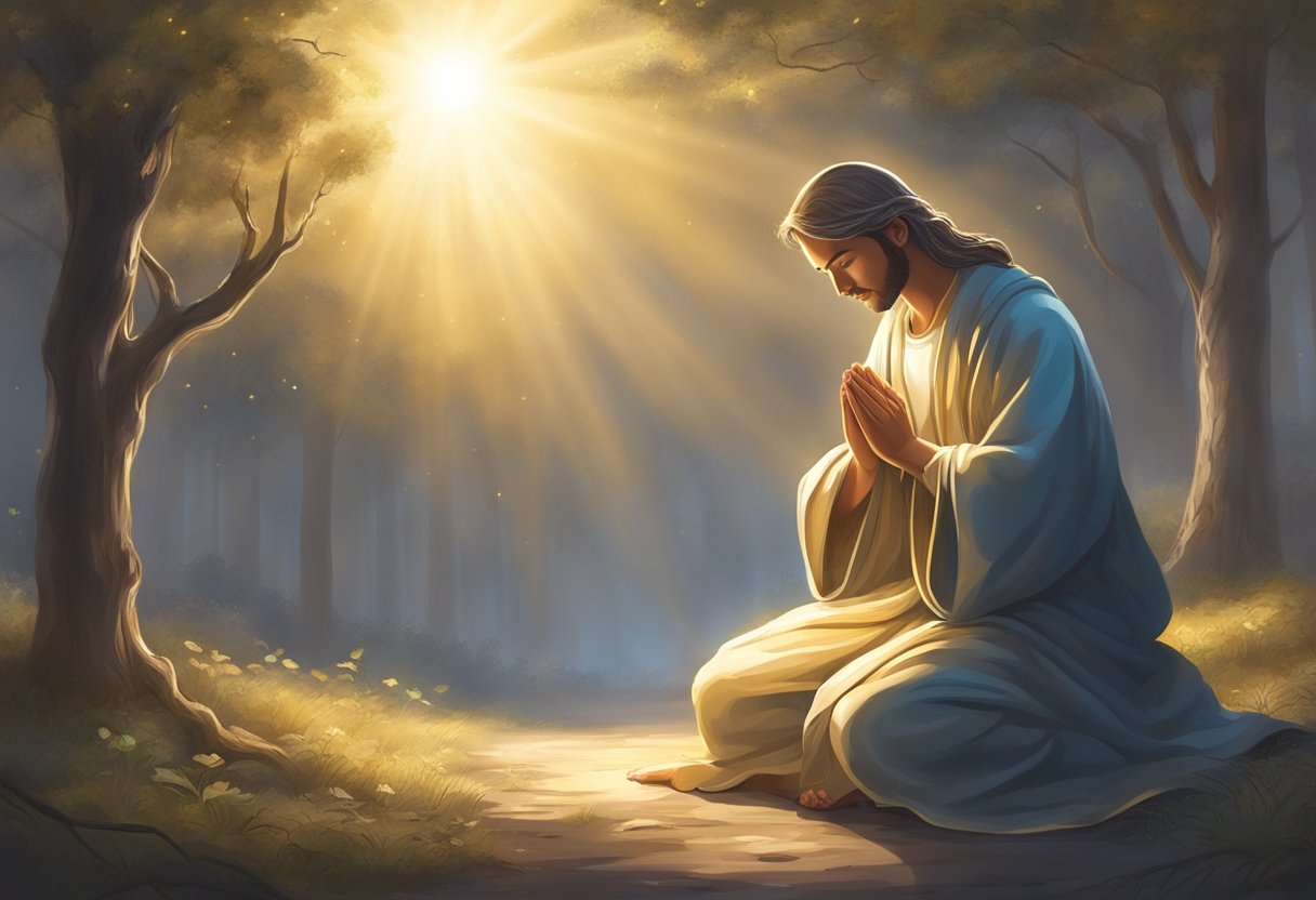 A figure kneels in prayer, surrounded by a radiant glow. Chains break, and a sense of freedom and peace fills the air